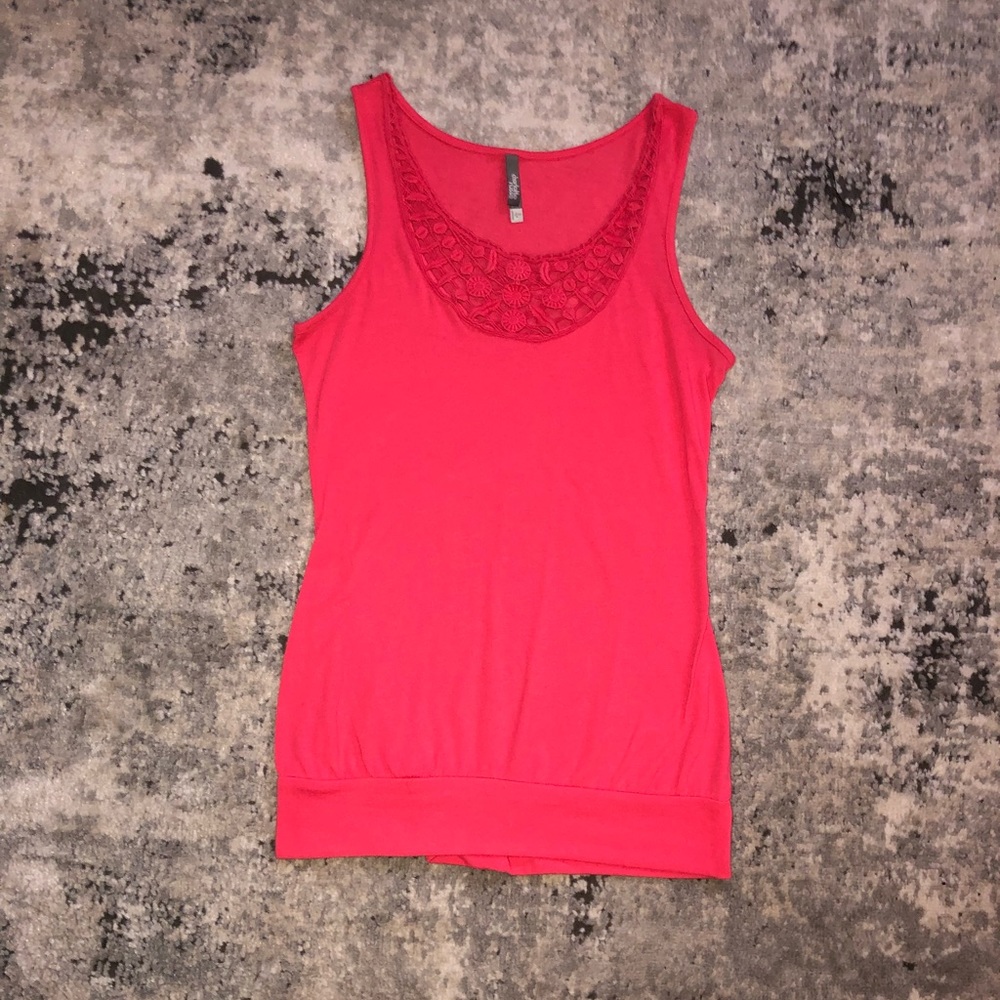 Charlotte Russe Pink Tank Top with Floral Lace Neck Line, size Small